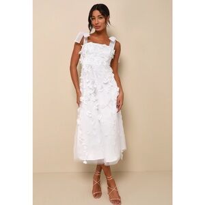 Lulus Effortlessly Sweet White Tulle 3D Floral Tie-Strap Midi Dress NWT XXL
